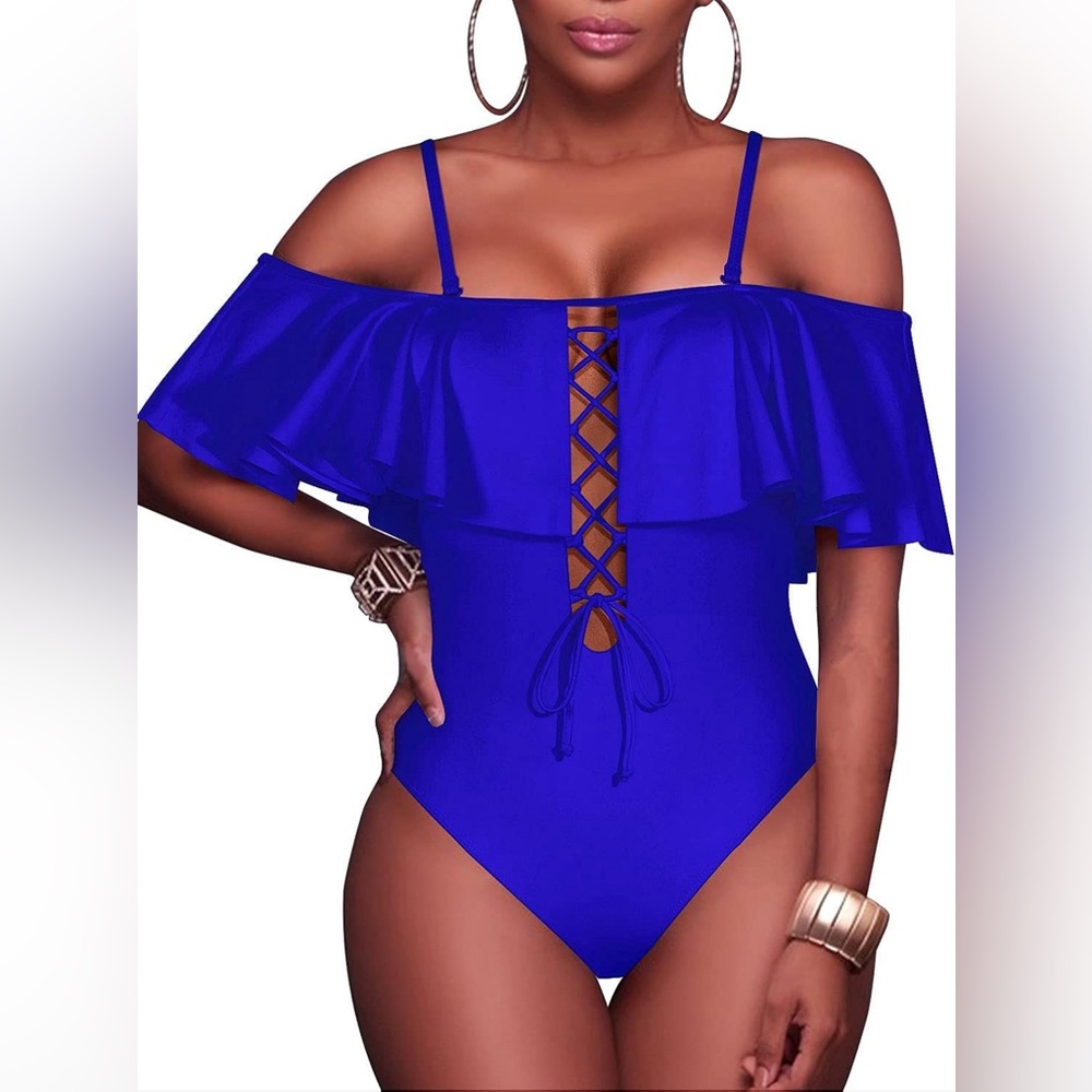 Tempt Me Women Sexy One Piece Swimsuit Ruffled Off Shoulder Lace Up Bathing Suit